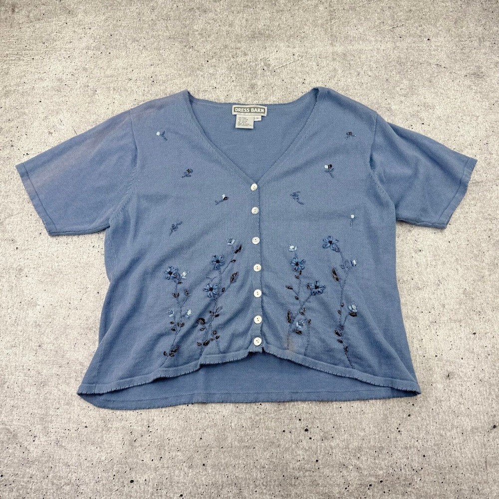 Y2K Dress Barn Blue ShortSleeve Cardigan Floral Embroidered Women 14 Grandmacore